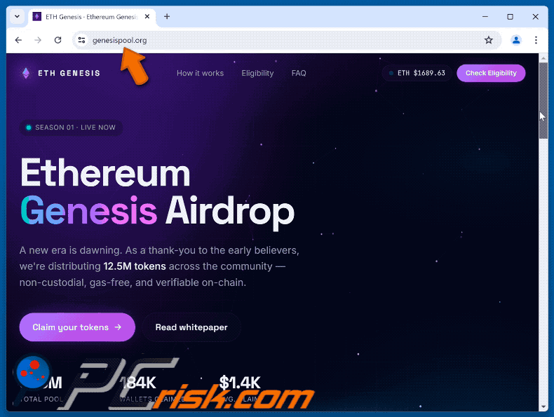 Apariencia de la Estafa Ethereum Genesis Airdrop (GIF)