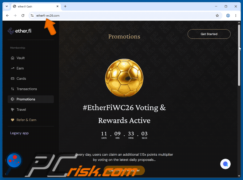 Apariencia de la estafa EtherFiWC26 Voting Rewards Scam (GIF)