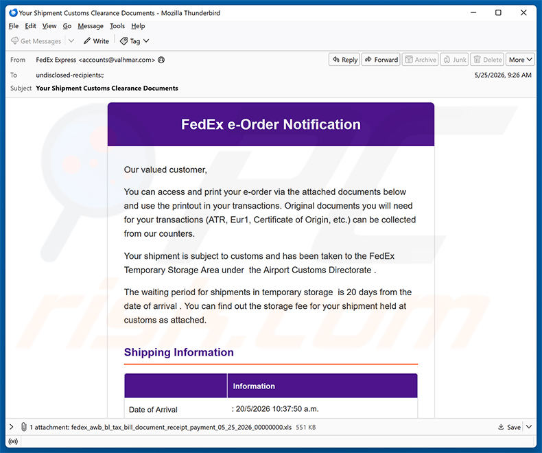 Campaña de spam por correo electrónico FedEx e-Order Notification