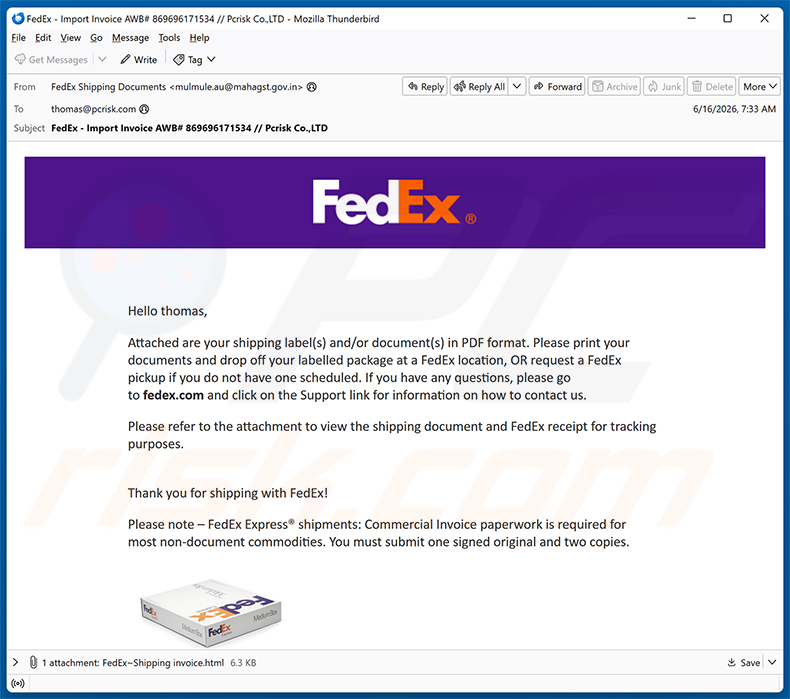 Campaña de spam por correo electrónico de la estafa FedEx Shipping Labels/Documents In PDF Format