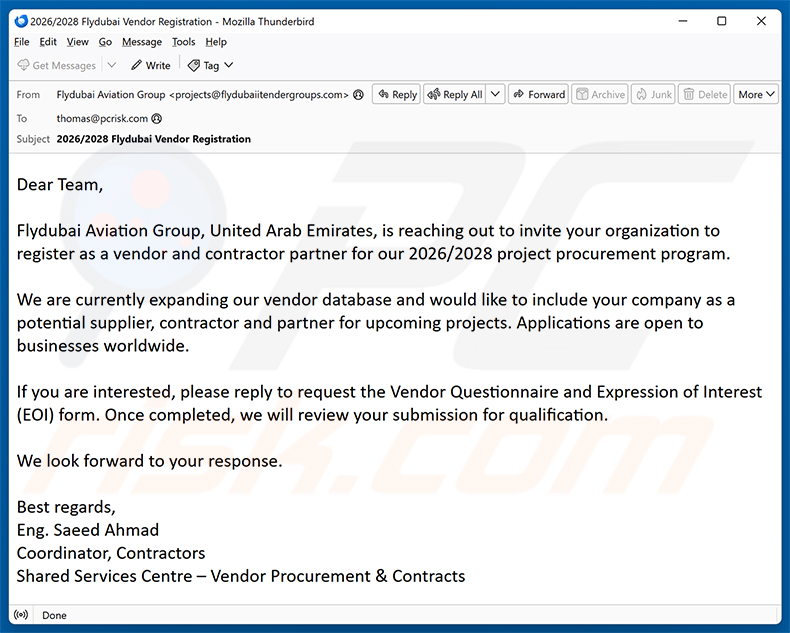 Campaña de spam por correo electrónico Flydubai Vendor Registration