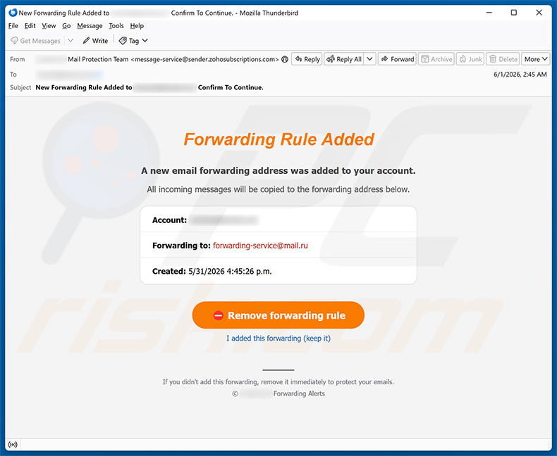 Campaña de spam por correo electrónico Forwarding Rule Added