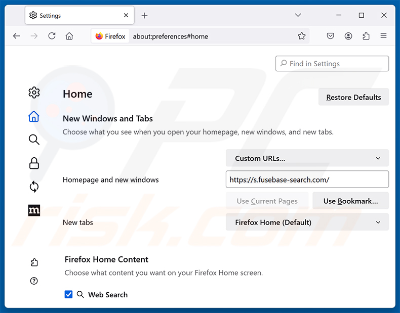 Eliminación de Fusebase Search (s.fusebase-search.com) de la página de inicio de Mozilla Firefox