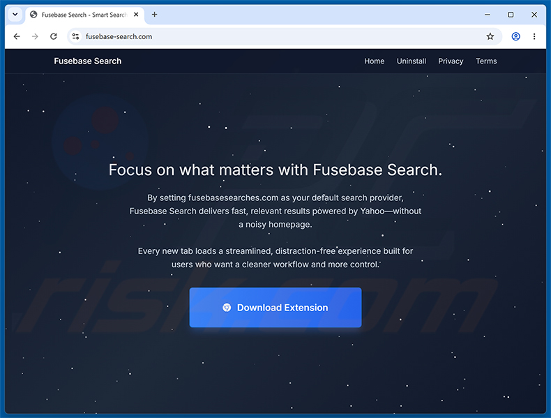 Sitio web promocional oficial del secuestrador de navegador Fusebase Search (s.fusebase-search.com)
