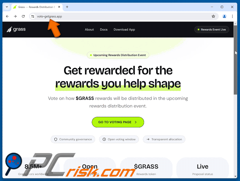 Apariencia de la estafa Grass Vote Rewards Scam (GIF)