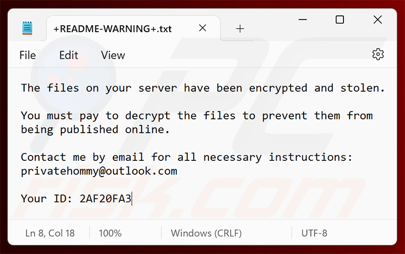 Nota de rescate del ransomware Hommy (+README-WARNING+.txt)