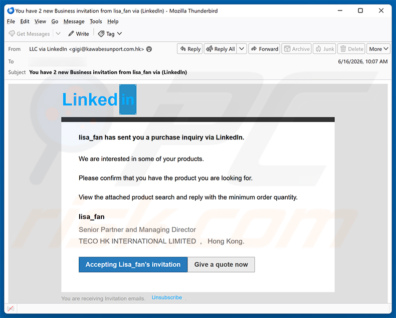 campaña de spam por correo electrónico de la estafa LinkedIn Purchase Inquiry