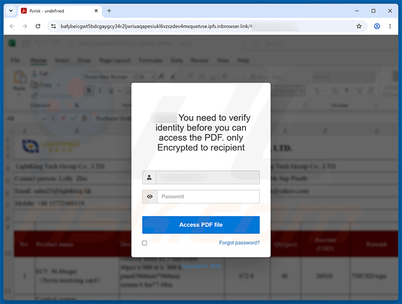 página de phishing de la estafa LinkedIn Purchase Inquiry