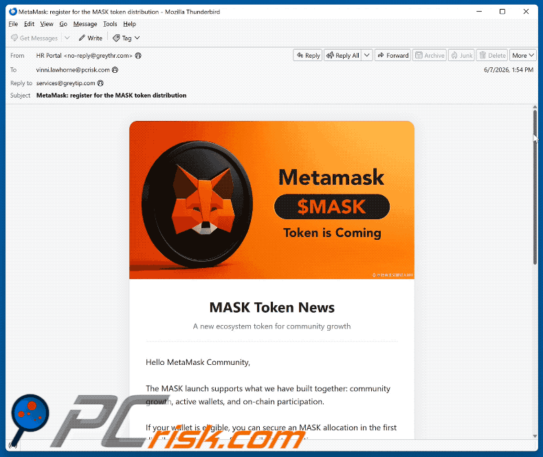 Correo electrónico de la estafa MetaMask ($MASK) Token Allocation (GIF)