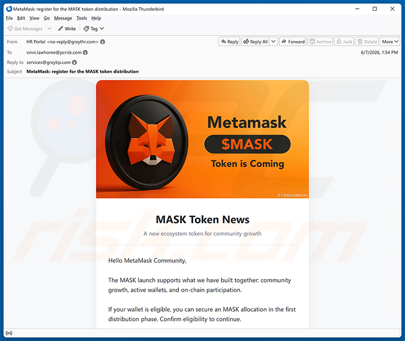 Campaña de spam por correo electrónico MetaMask ($MASK) Token Allocation