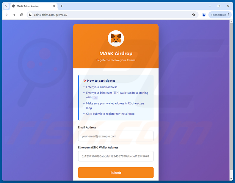 Página de phishing MetaMask ($MASK) Token Allocation (etapa 1 - formulario de registro de airdrop)