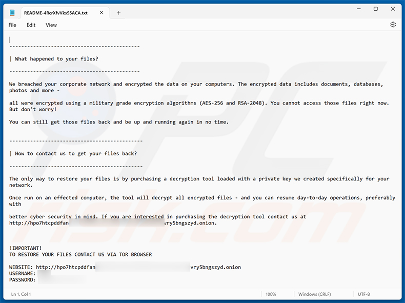 Nota de rescate del ransomware MORTAR (README-4RcrXfvVksS5ACA.txt)