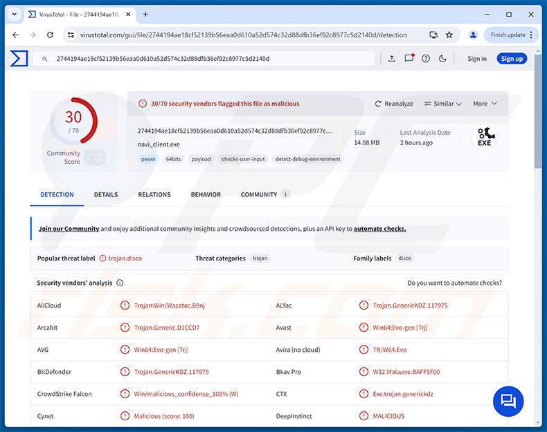 Detecciones del malware Navi RAT en VirusTotal