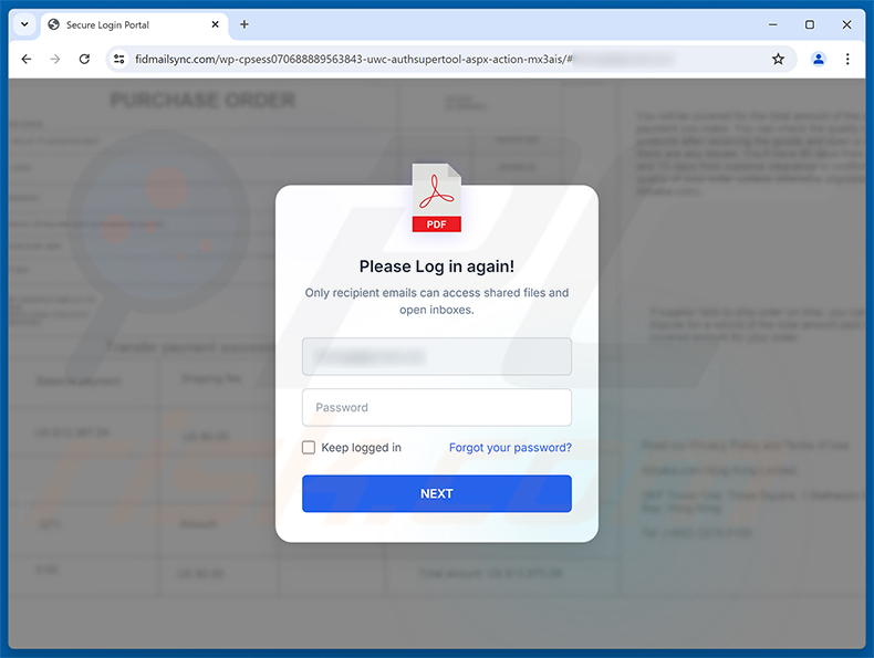 Página de phishing de la estafa Order Specification, Presentation & Drawing