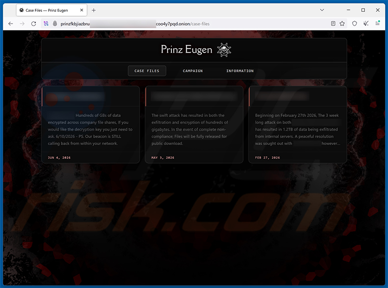 Sitio de filtración de datos del ransomware Prinz Eugen