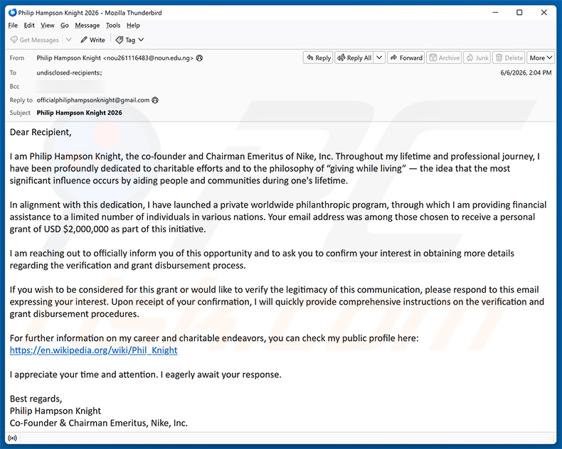 Campaña de spam por correo electrónico Private Worldwide Philanthropic Program