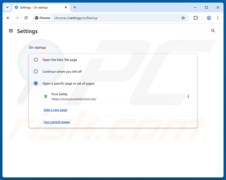 Eliminación de Pure Safety (pureextension.net) de la página de inicio de Google Chrome
