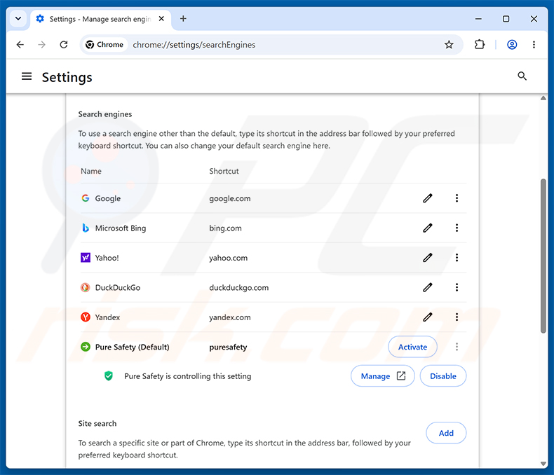 Eliminación de Pure Safety (pureextension.net) del motor de búsqueda predeterminado de Google Chrome