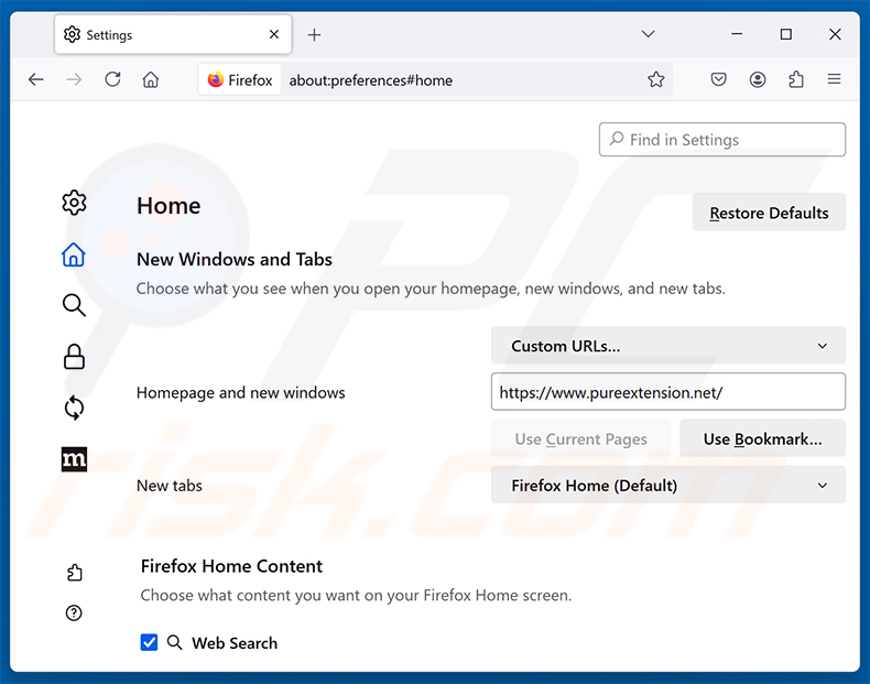 Eliminación de Pure Safety (pureextension.net) de la página de inicio de Mozilla Firefox