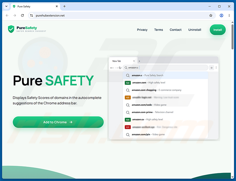 Sitio web promocional oficial del secuestrador de navegador Pure Safety (pureextension.net) (muestra 1)