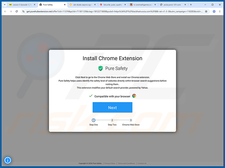 Sitio web promocional oficial del secuestrador de navegador Pure Safety (pureextension.net) (muestra 2)
