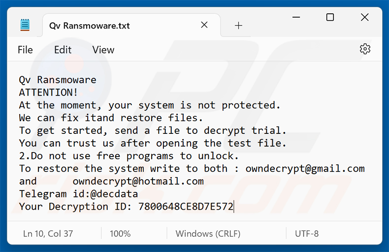 Nota de rescate de Qv ransomware (Qv Ransomware.txt)
