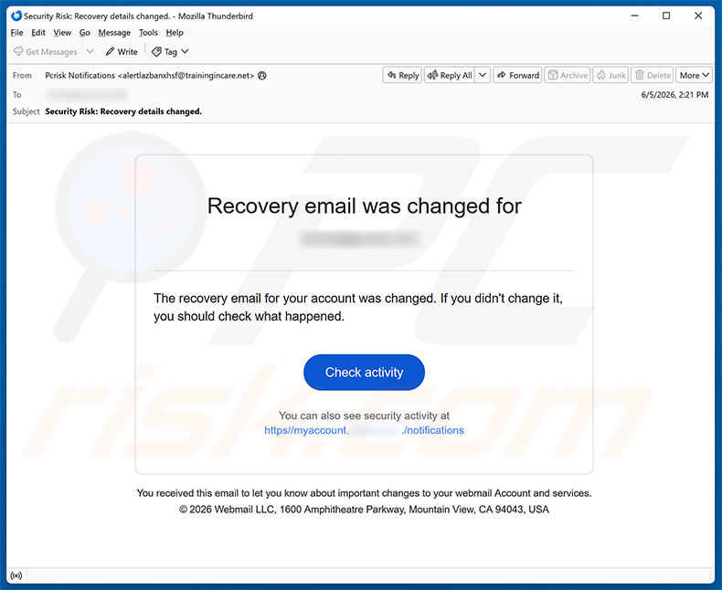 Campaña de spam por correo electrónico de la estafa Recovery Email Was Changed