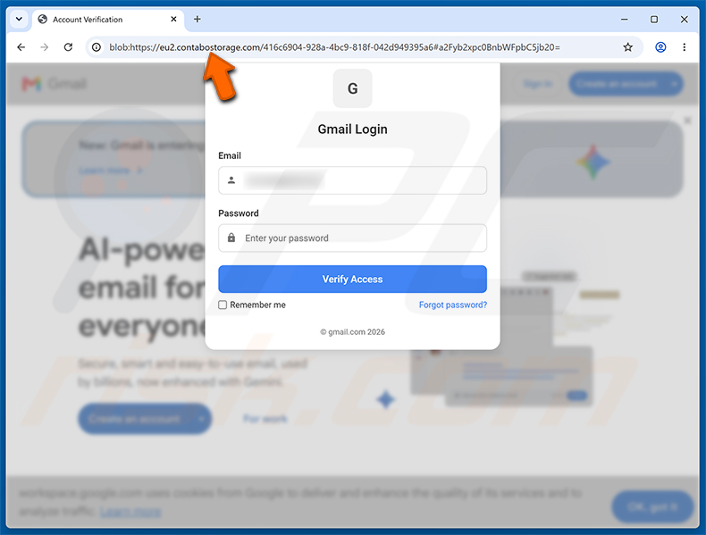 Página de phishing de la estafa Recovery Email Was Changed