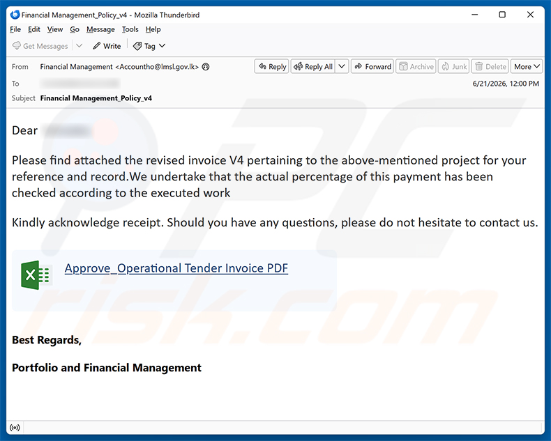 Campaña de spam de la estafa por correo electrónico Revised Invoice