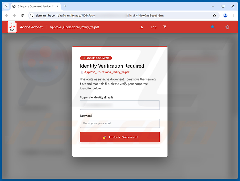 Página de phishing de la estafa por correo electrónico Revised Invoice