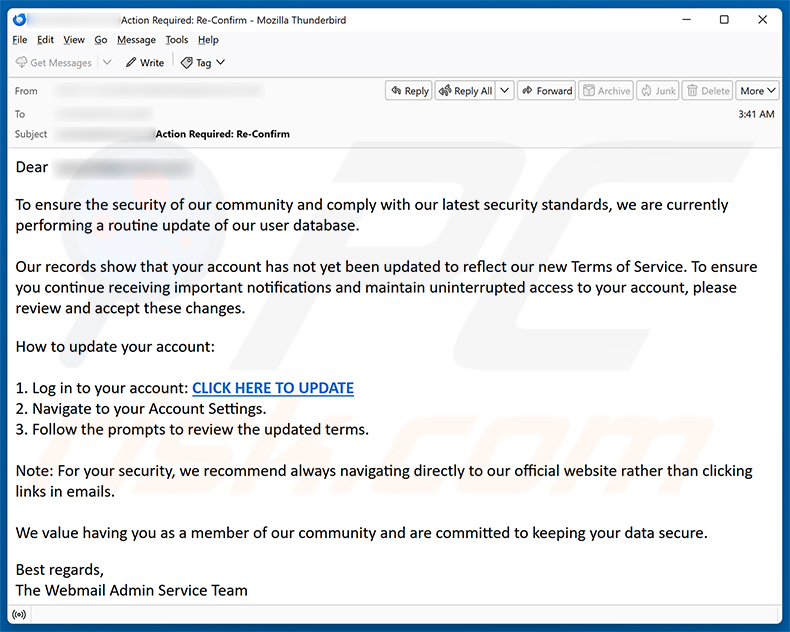 Campaña de spam por correo electrónico Routine Update Of User Database