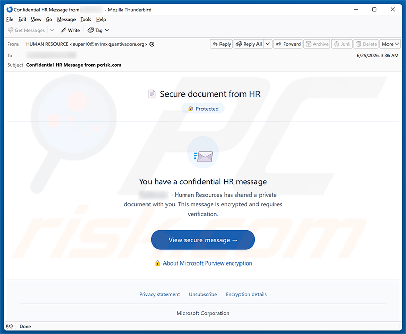 Campaña de spam por correo electrónico Secure Document From HR