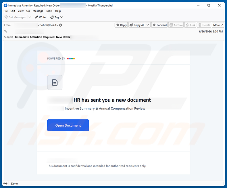 Estafa por correo electrónico Secure Document From HR (2026-06-30)