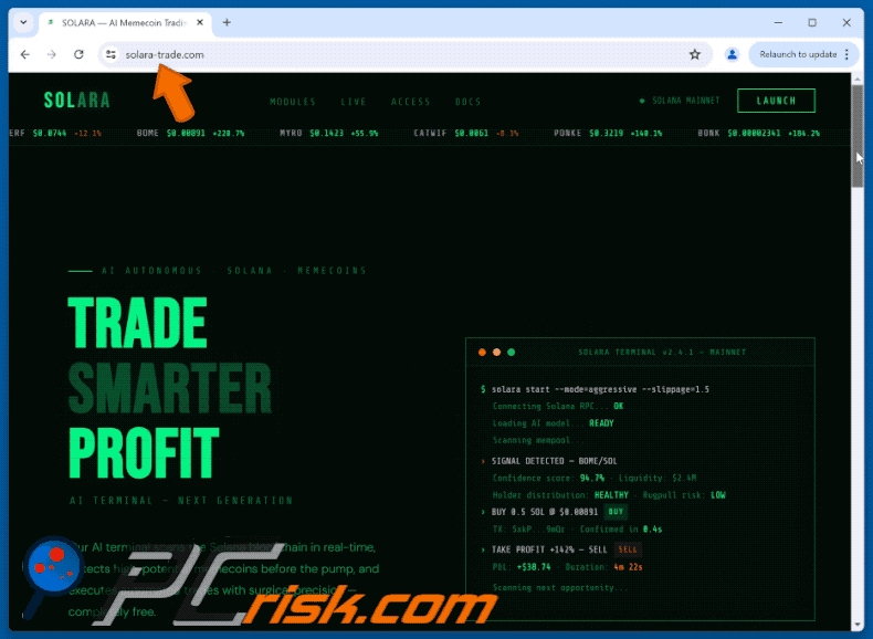 Apariencia de la estafa SOLARA — AI Memecoin Trading Terminal On Solana (GIF)