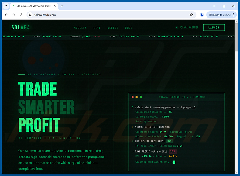 SOLARA — AI Memecoin Trading Terminal On Solana estafa (solara-trade[.]com)