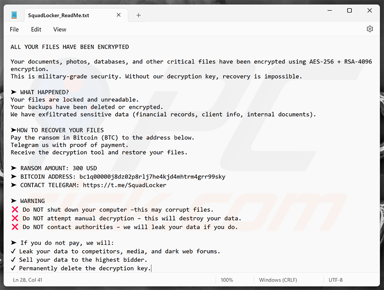 Nota de rescate del ransomware SquadLocker (SquadLocker_ReadMe.txt)