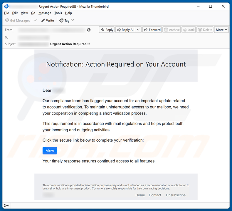 Campaña de spam por correo electrónico Update Related To Account Verification
