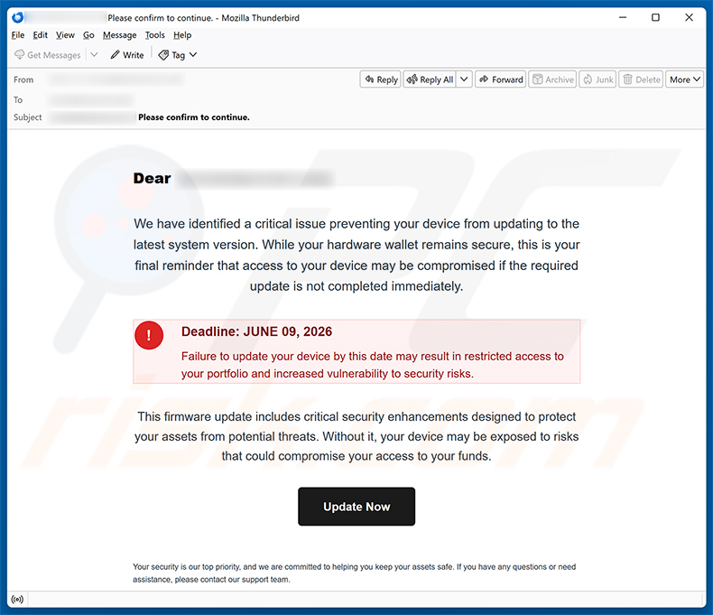 Campaña de spam por correo electrónico Update Your Hardware Wallet