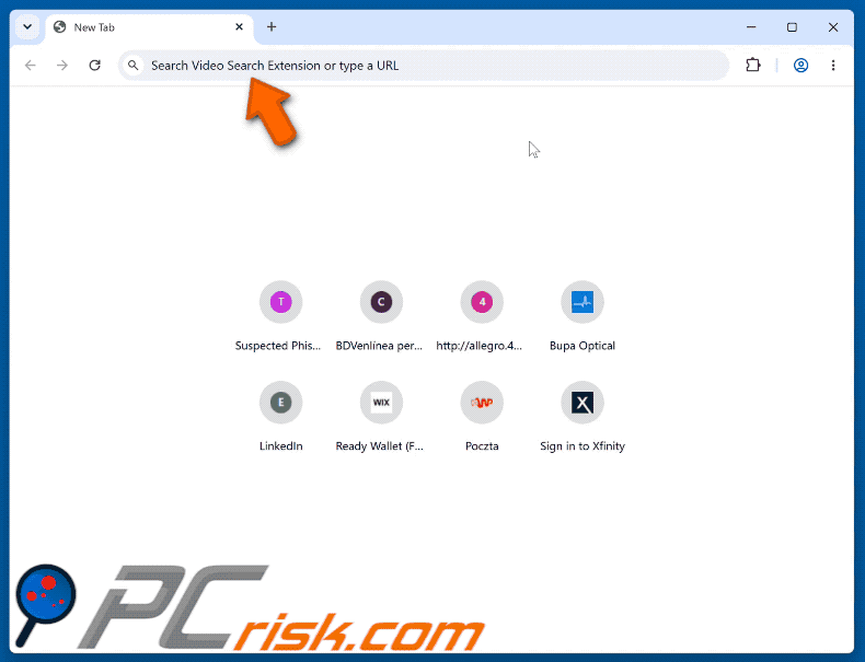 Secuestrador de navegador Video Search Extension (myvideolibrary.info) redirigiendo a Bing (GIF)