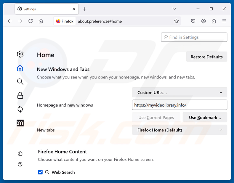 Eliminar Video Search Extension (myvideolibrary.info) de la página de inicio de Mozilla Firefox