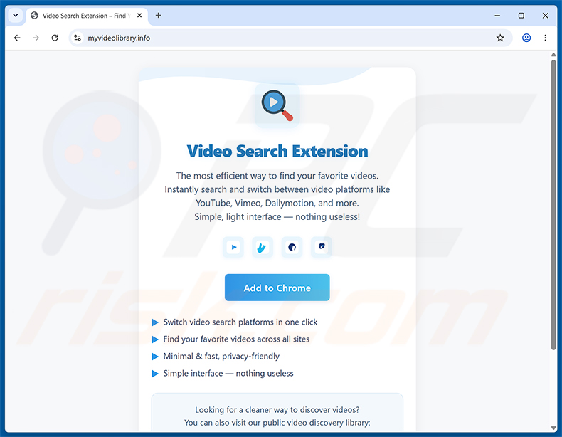 Sitio web que promociona el secuestrador de navegador Video Search Extension (myvideolibrary.info)