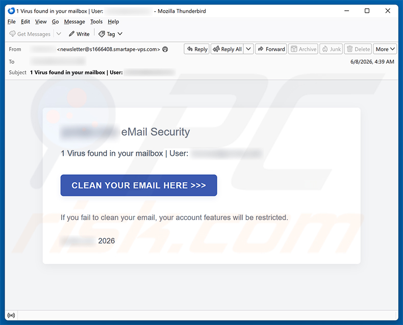 Campaña de spam por correo electrónico Virus Found In Your Mailbox