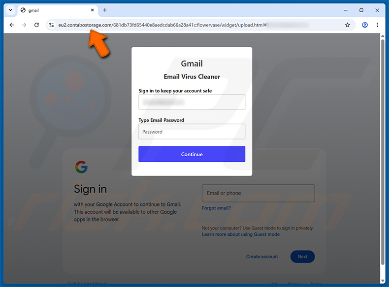 Página de phishing de Virus Found In Your Mailbox