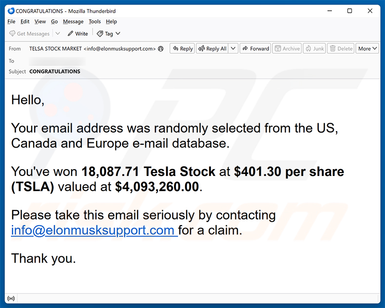 Campaña de spam por correo electrónico You've Won Tesla Stock