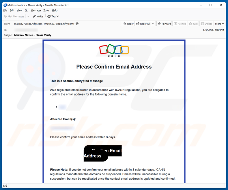 Campaña de spam por correo electrónico de Zoho Email Address Verification Scam