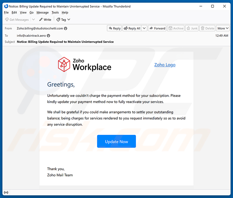 Campaña de spam por correo electrónico Zoho Workplace Payment Method Update