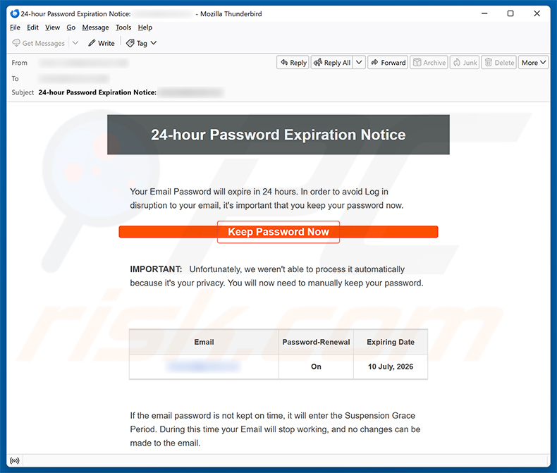 Campaña de spam por correo electrónico 24-Hour Password Expiration Notice