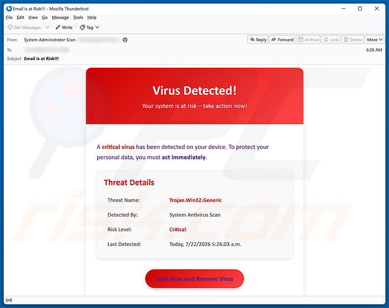 Campaña de spam por correo electrónico de la estafa A Critical Virus Has Been Detected On Your Device