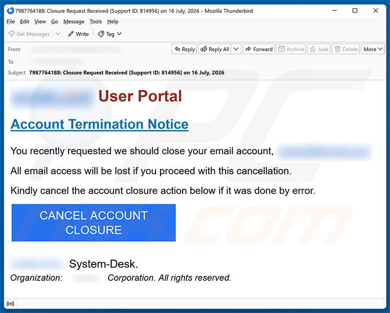 Campaña de spam por correo electrónico Account Termination Notice