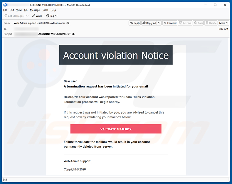 Campaña de spam por correo electrónico Account Violation Notice